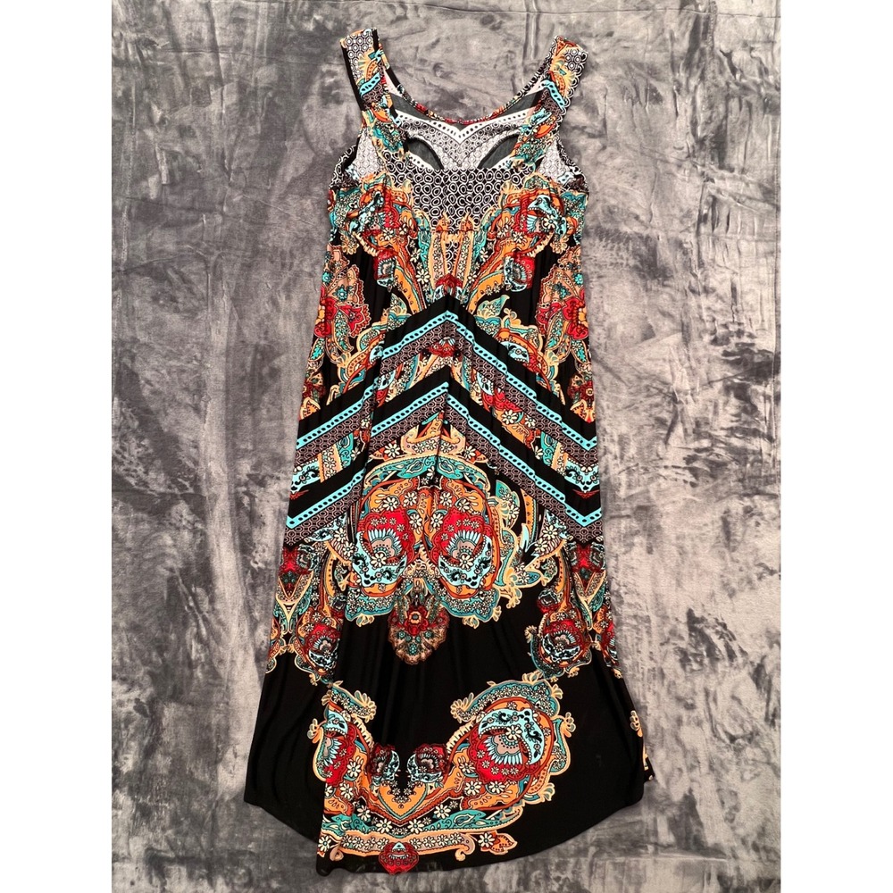 One World High Low Maxi Dress Women XL Multicolor Paisley Boho Rhinestone Summer - Picture 2 of 10
